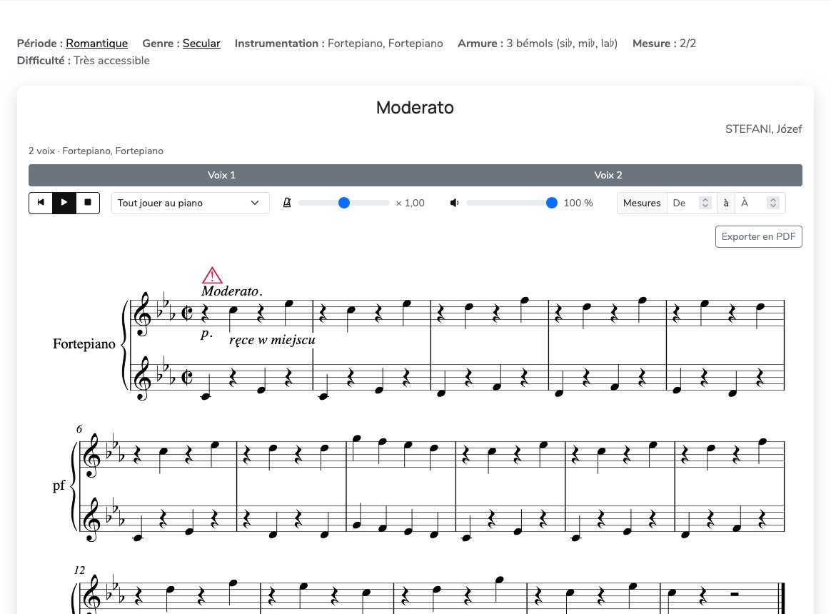 Lecteur d'une œuvre du corpus, le Moderato de Józef Stefani : réglages de lecture (lecture, son, tempo, volume, mesures) au-dessus de la partition gravée.